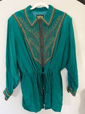 Bob Mackie Emerald Green Zip-Front Embroidered Tunic